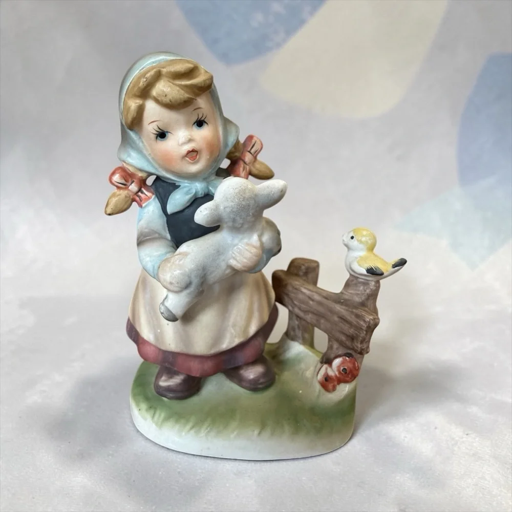 Vintage Royal Crown Porcelain Girl with Lamb Figurine Mid Century Japan
